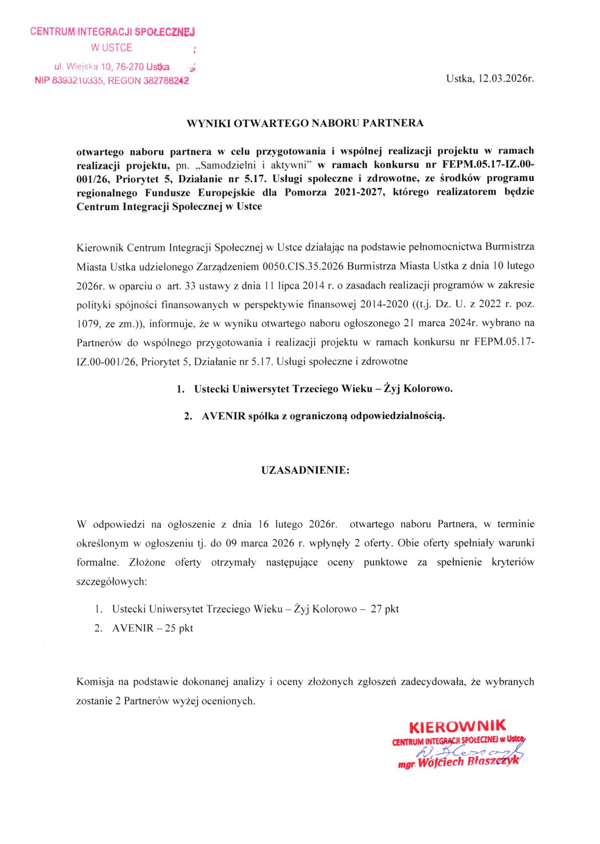 Wynik naboru na partnera