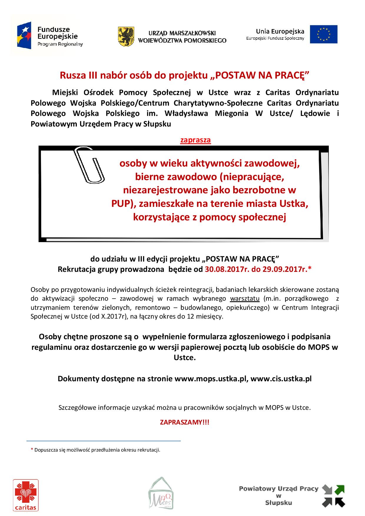 plakat dotyczący trzeciego naboru uczestników do projektu pod nazwą Postaw na pracę